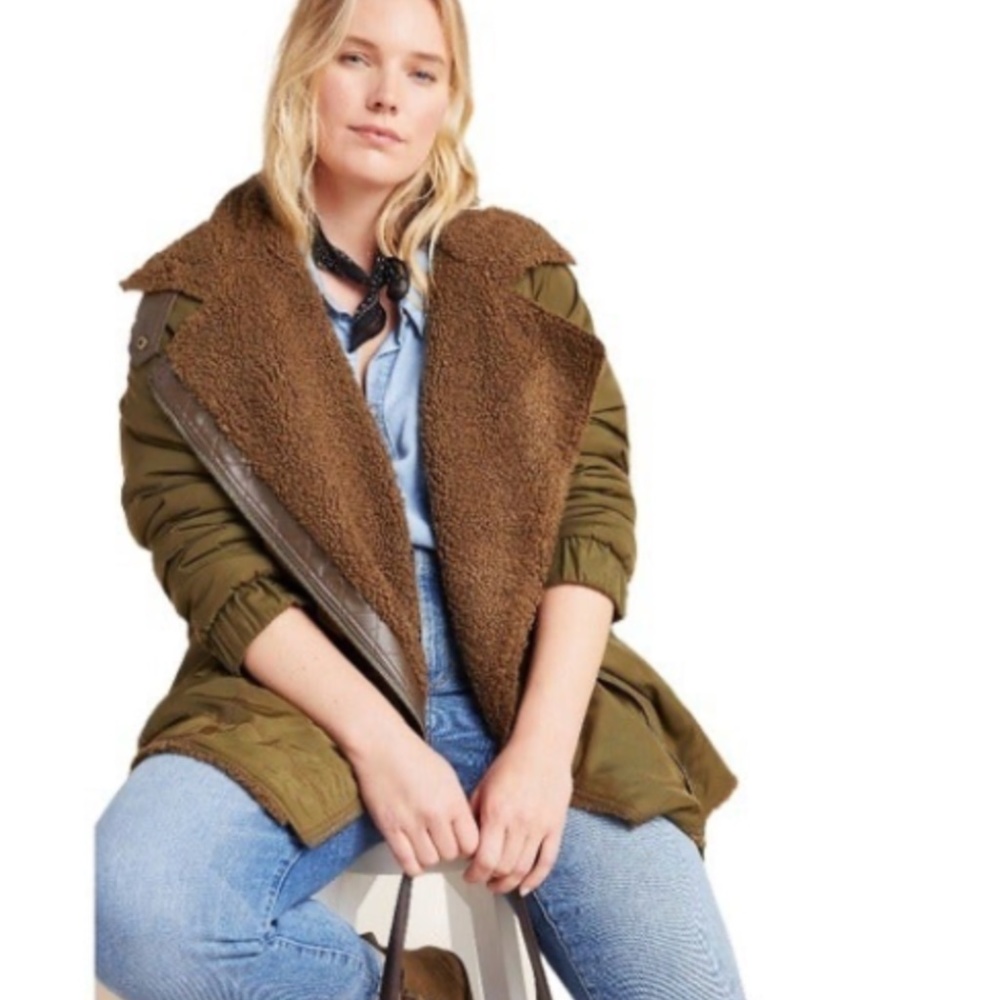ANTHROPOLOGIE Sherpa Lined GREEN COAT XL
